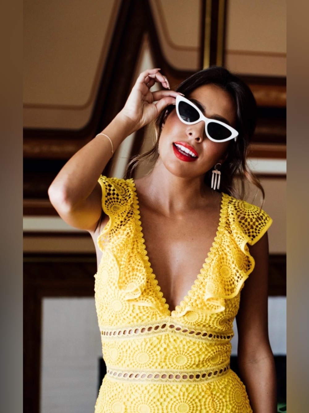 Saylor Leilani Yellow Lace Midi Dress Ruffle V Neck Cutout EUC S - Picture 5 of 13